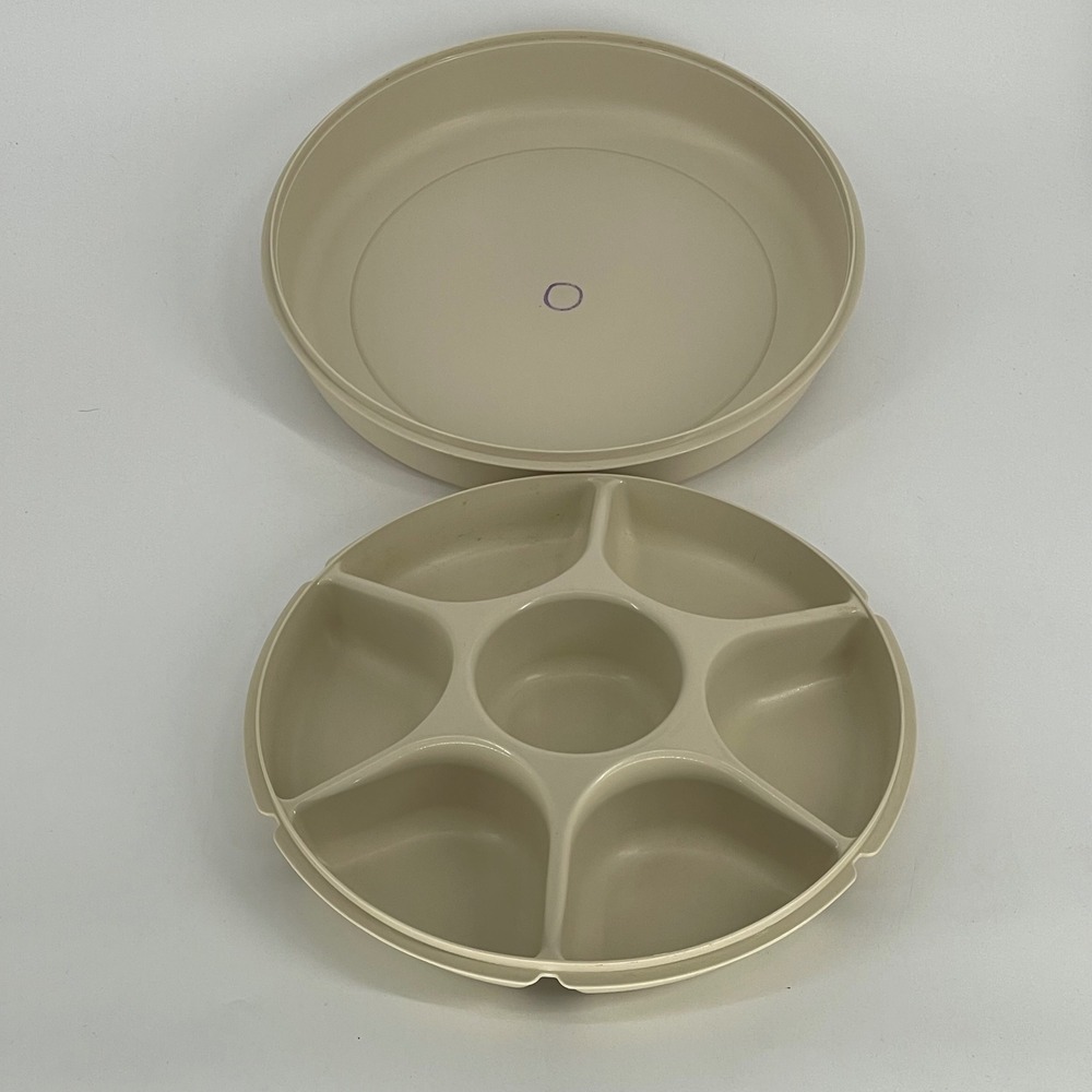 Vintage Tupperware Serving Tray Almond 7 Compartment Veggie Dip Platter Lid